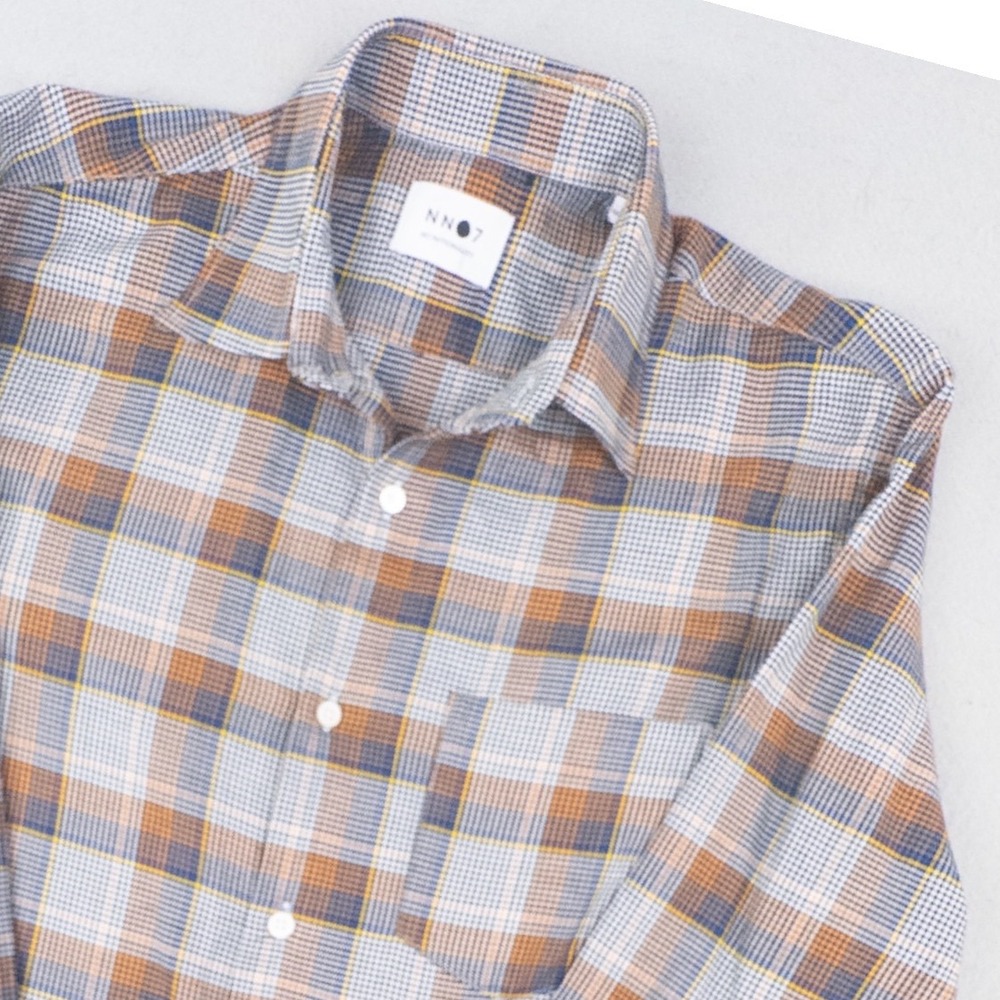 NN07 No Nationality Men S Regular Brown Blue Plaid Cotton Button Up Shirt
